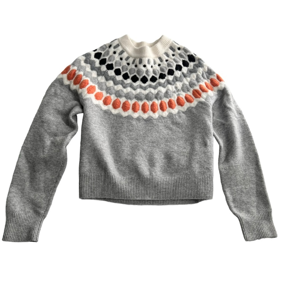 Club Monaco Gray Crewneck Sweater with Cream, Black & Orange Fair Isle Yoke